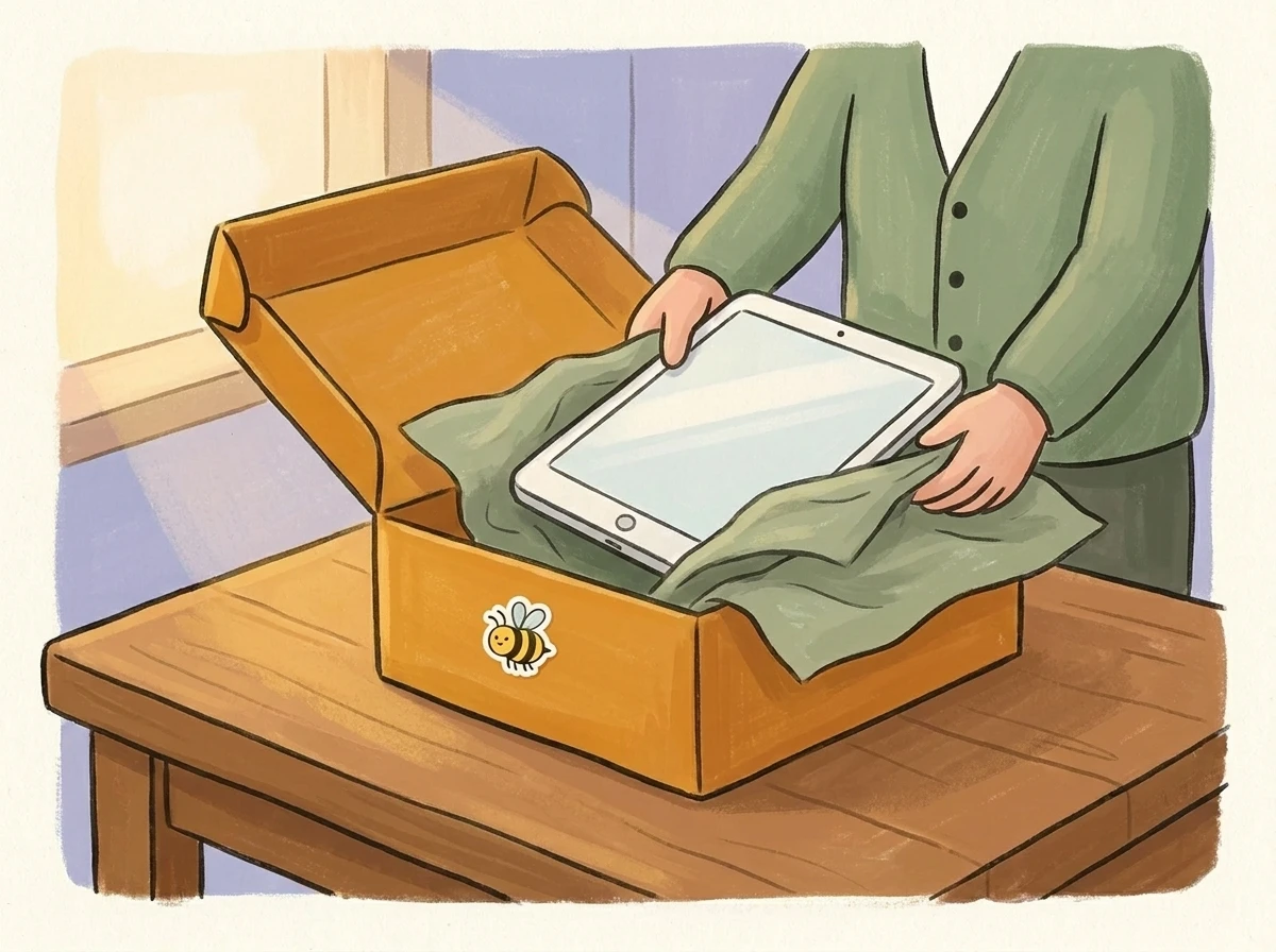 Person packt Tablet aus einer Bienenstock-Box aus